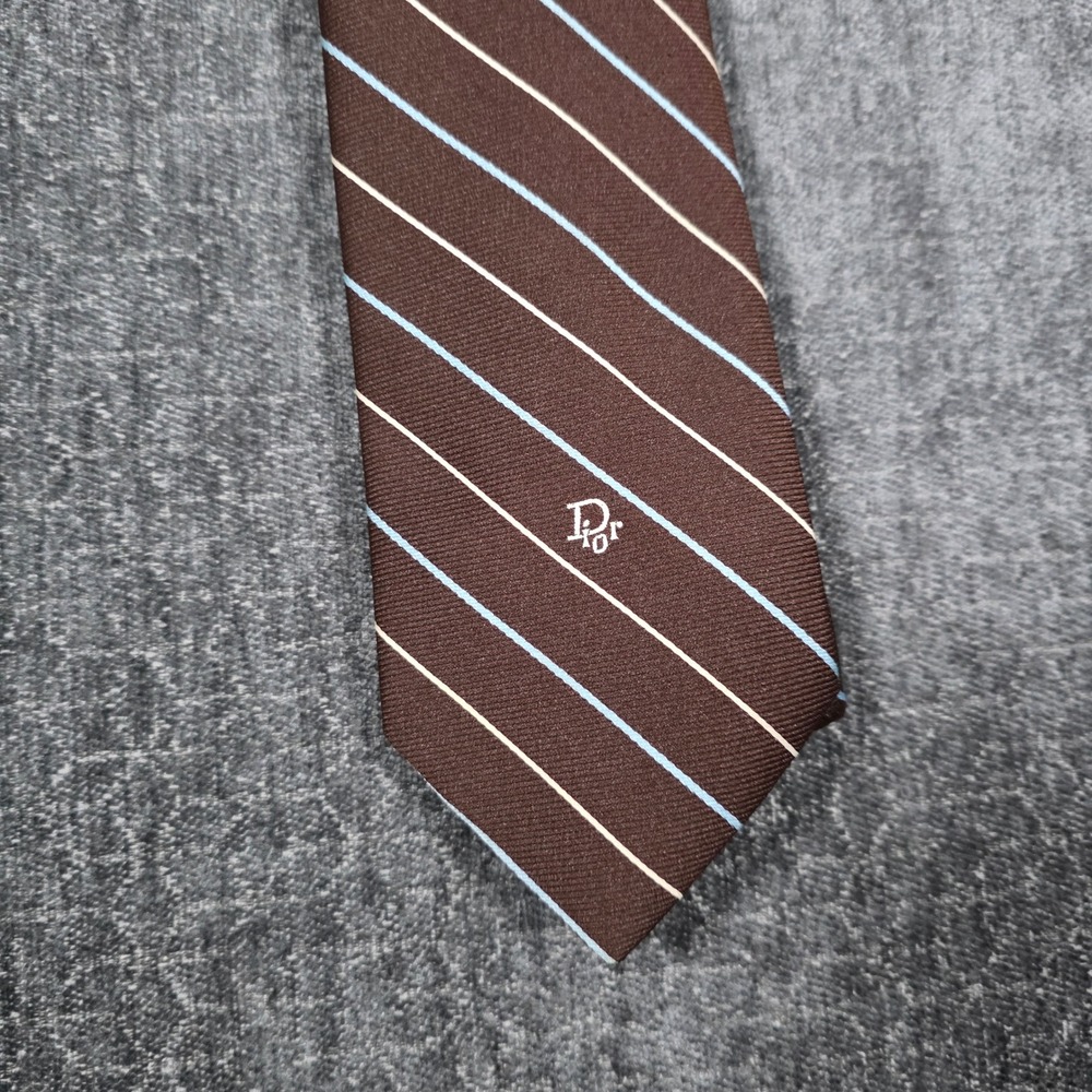 Christian Dior Mens Silk Tie Brown Blue Cream Striped Vintage CD Logo Old Money